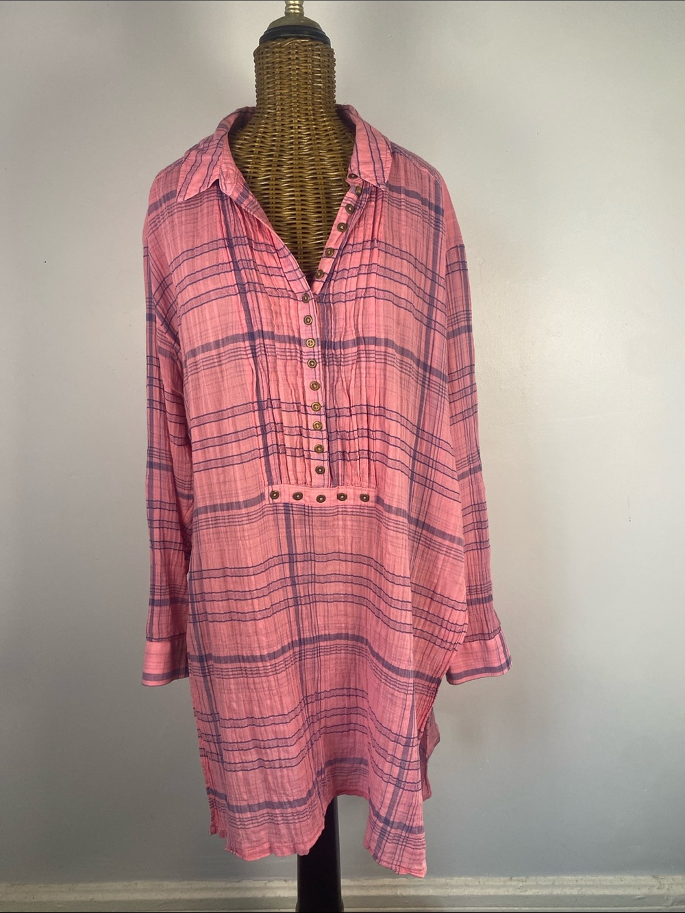 Pilcro Pink Plaid Button-Placket Tunic with Navy Trim